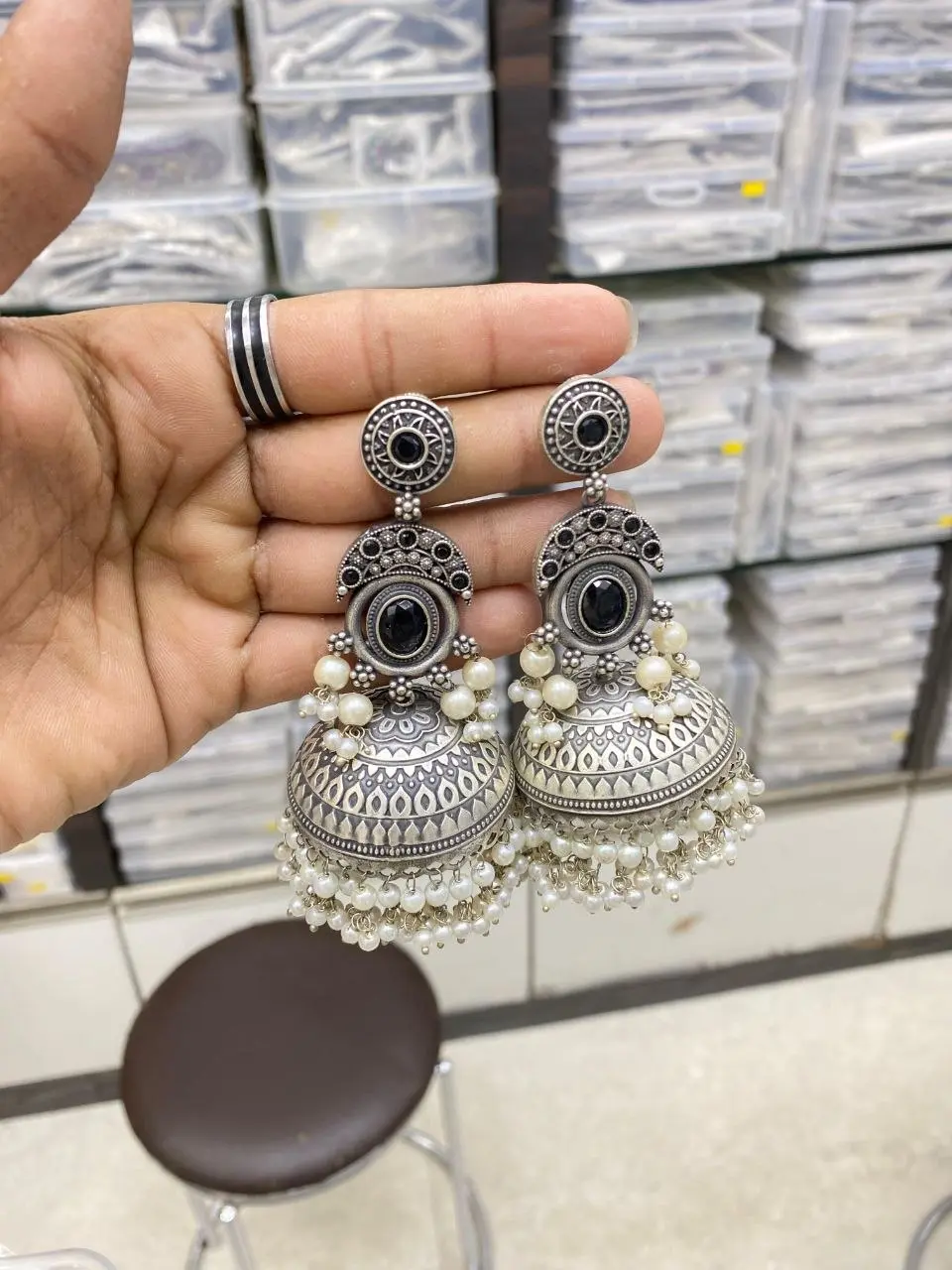 Bold Oxidized Silver look with Black stones and Pearl Jhumka drops